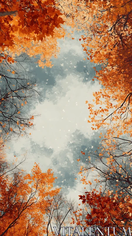 Golden autumn canopy frames a tranquil overcast sky