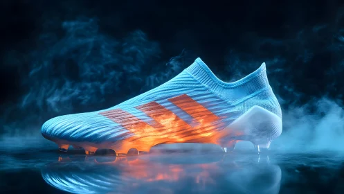 Futuristic blue soccer cleat with glowing orange highlights in mist.