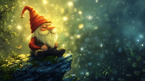 Dreamy cliffside gnome bathing in firefly forest glow.