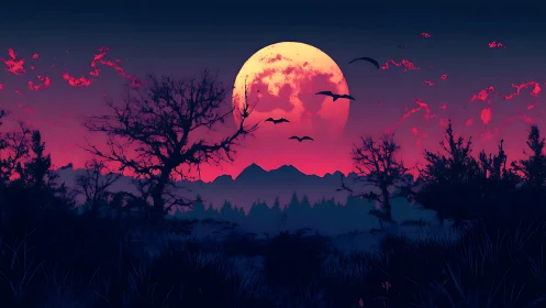 Blood red full moon over dark forest silhouettes at dusk.