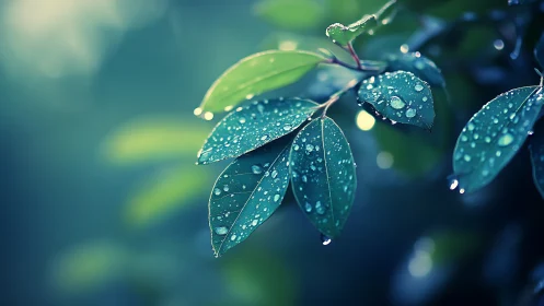 Morning rain dew glistens on emerald leaves in soft light