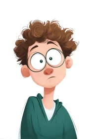 Curly haired cartoon boy with glasses looking confused.