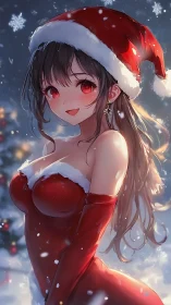 Festive anime girl sharing cozy Christmas cheer outdoors.