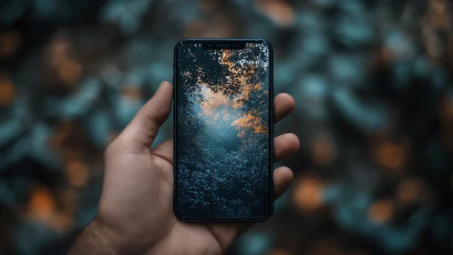 Smartphone screen framing teal forest bokeh background.