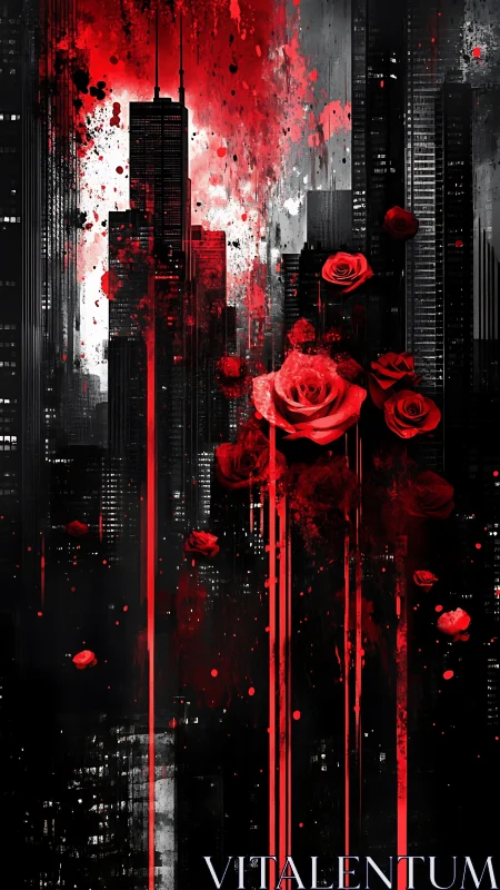 Scarlet Roses Dripping Over a Midnight Neon Skyline.