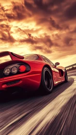 Red supercar powers along highway beneath blazing sunset sky.