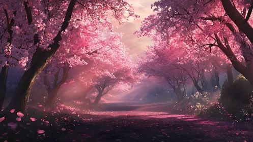 Blossom drenched lane where sunrise turns petals to glass.