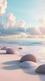 Cotton clouds drift over pastel stones on whispered shore.