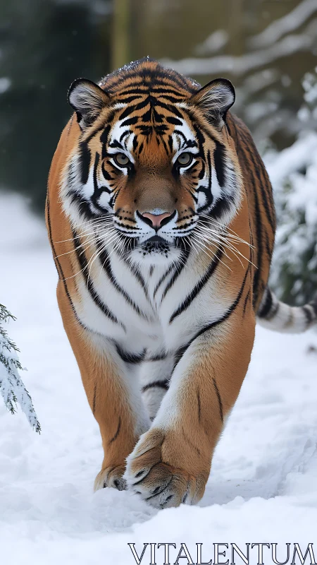 Snow-walking tiger strides through winter silence with fire.