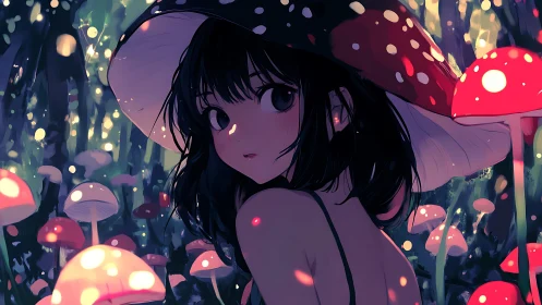 Mushroom forest girl glowing under soft enchanted lights.