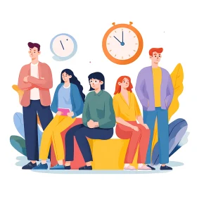 Colorful team waits together beneath playful ticking clocks.