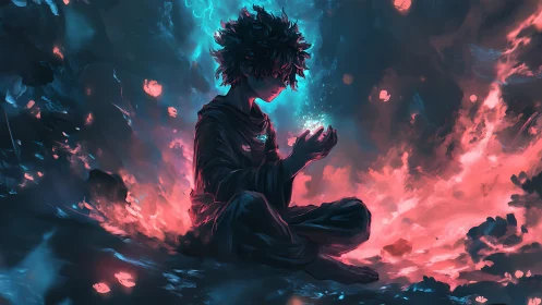 Meditating figure holds glowing blue energy amid red flames