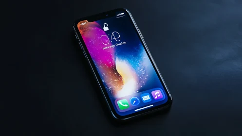Modern smartphone with vibrant nebula wallpaper.