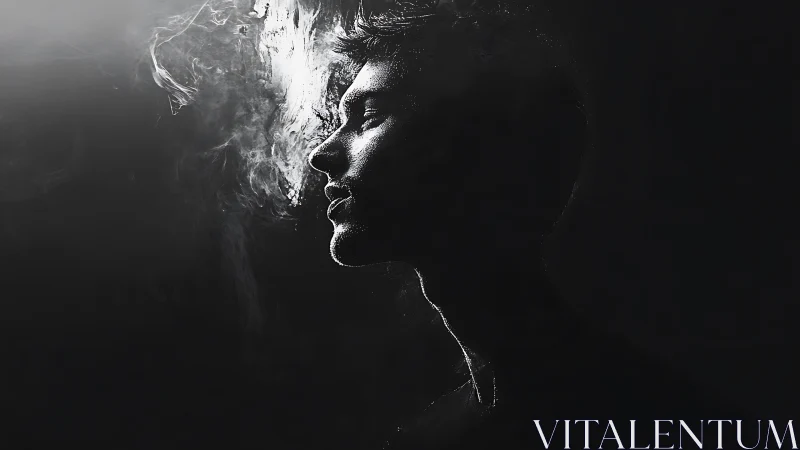 Side profile silhouette of man in low key smoke study.