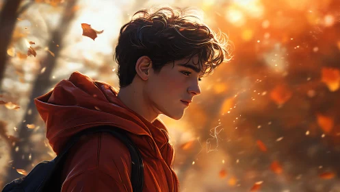 Pensive youth in autumn light rendered as luminous digital art