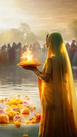 Golden river ritual glows as a woman offers light at dawn