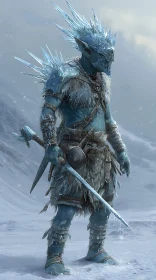 Frost warrior stands proud in glittering ice armor and snow