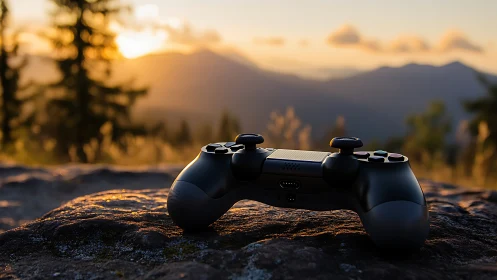 Gaming controller rests in warm sunset mountain landscape