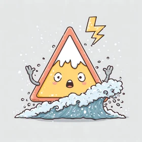 Cartoon hazard triangle amid stylized wave and lightning.