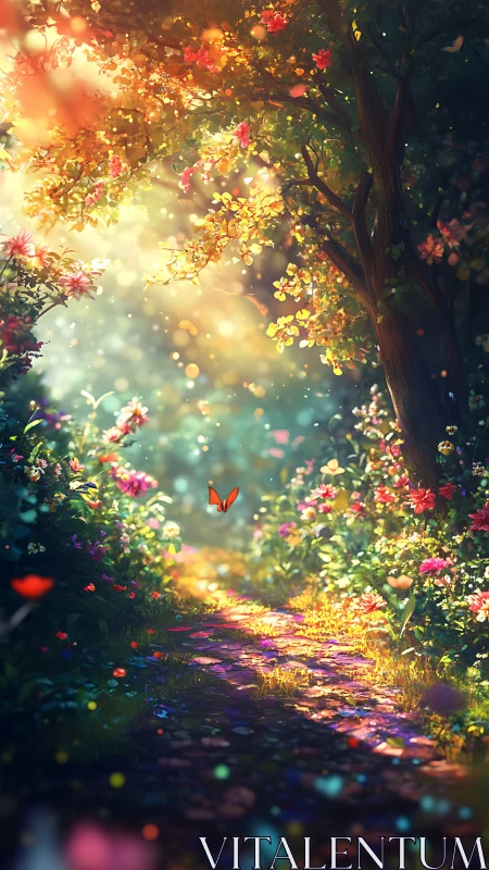 Sunlit petals guide a lone butterfly along a dream path