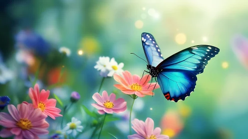 Sky-blue butterfly waltzes above spring&rsquo;s painted blossoms.