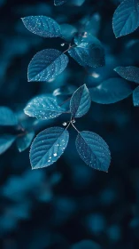 Teal leaves catch raindrops in cool moody forest glow.