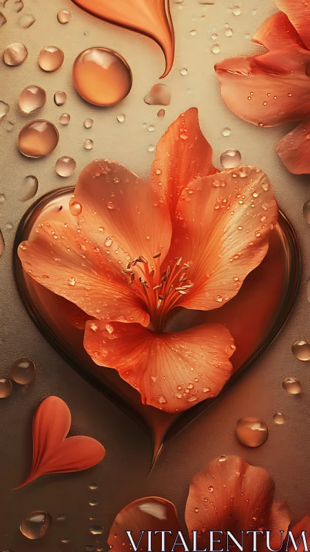 Heart-shaped container with orange petals and water droplets.