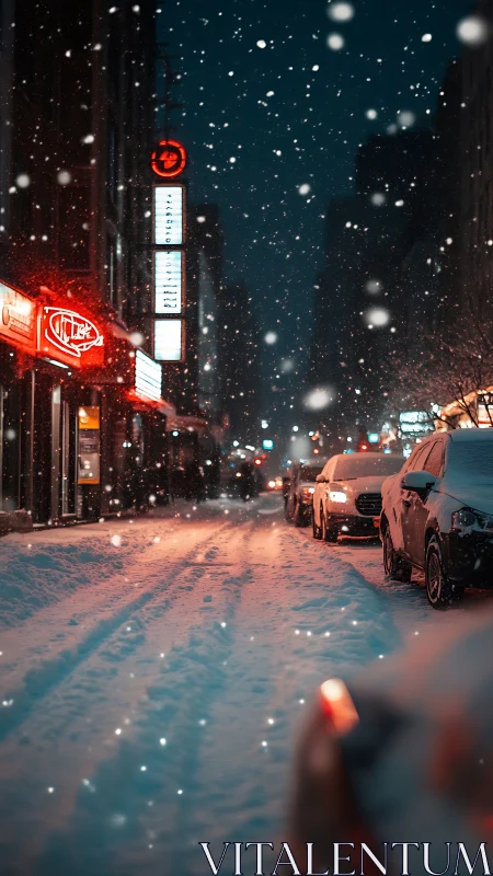 Neon storefronts whisper warmth into a hush of falling snow