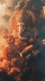 Celestial Ganesha drifts through ember-lit cosmic clouds.
