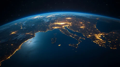 Europe night lights curve along Earth horizon from orbit