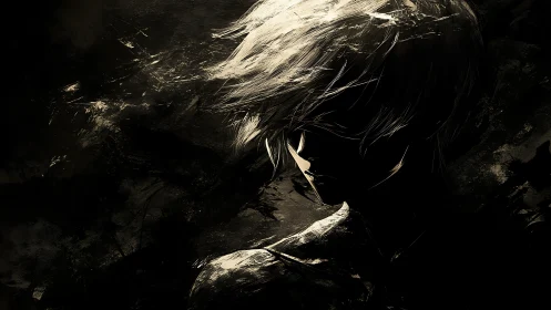 Brooding silhouette boy carved from stormy light and shadow.