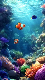 Clownfish glide through sunlit coral reef in vibrant blue sea