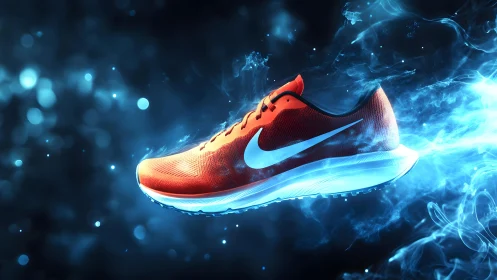Vibrant Red Running Shoe in Dynamic Neon Blue Artistic Style.