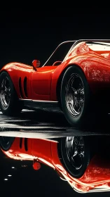 Red vintage sports car side view with reflective wet surface.