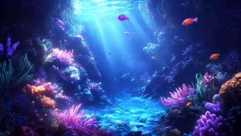 Sunlit coral canyon where neon reefs whisper to fishes.