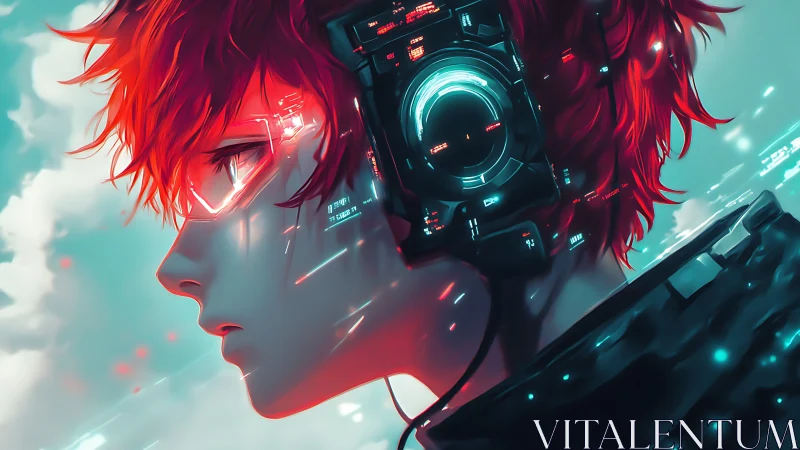 Dreamy red‑haired cyborg listening for distant futures.