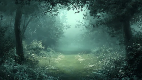 Enchanted Forest Clearing in Mist.