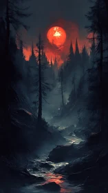 Blood moon ignites misty ravine and dark conifer forest.
