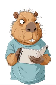 Capybara scholar weighs mighty thoughts over a spiral notebook