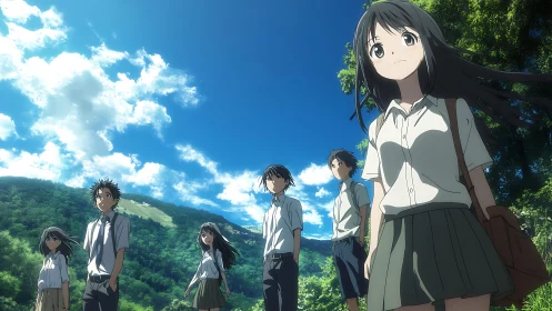 Summer hillside ensemble of anime students under cumulus sky