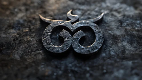 Weathered stone ampersand symbol on textured dark background.