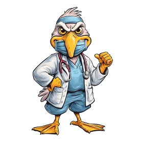 Determined cartoon bird doctor mascot in medical scrubs.
