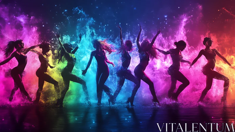 Silhouetted dancers move through multicolored liquid plumes