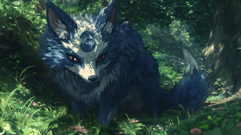 Bioluminescent forest wolf spirit with crescent marking resting