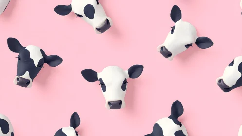 Playful cow heads pattern on pastel pink background, modern style.
