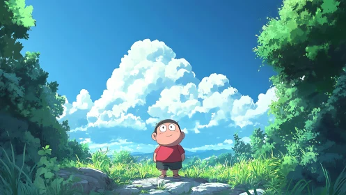 Child explorer under towering cumulus sky in lush meadow.