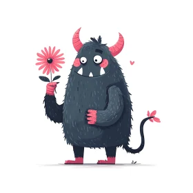 Furry blue monster holding pink daisy in minimalist vector scene.