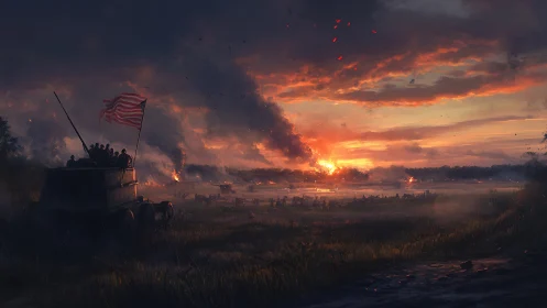 War-torn battlefield unfolds beneath a burning twilight sky