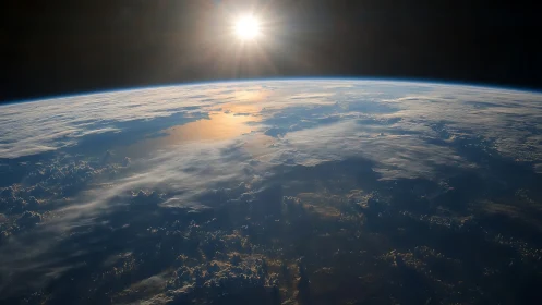 Photorealistic orbital view of Earth with radiant sunrise horizon.