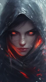 Hooded ember-eyed sorceress emerging from stormlit shadows.